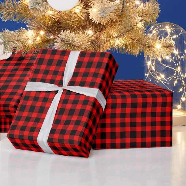 Red and Black Gingham Plaid Pattern  Wrapping Paper (Holidays)