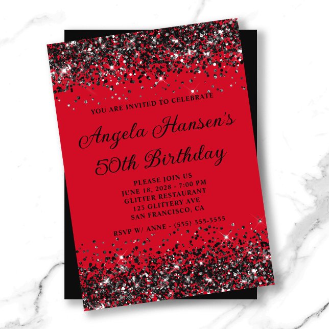Red and Black Glitter 50th Birthday Invitation (Red and Black Glitter 50th Birthday Invitation)