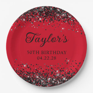 Red and Black Glitter 50th Birthday Paper Plate