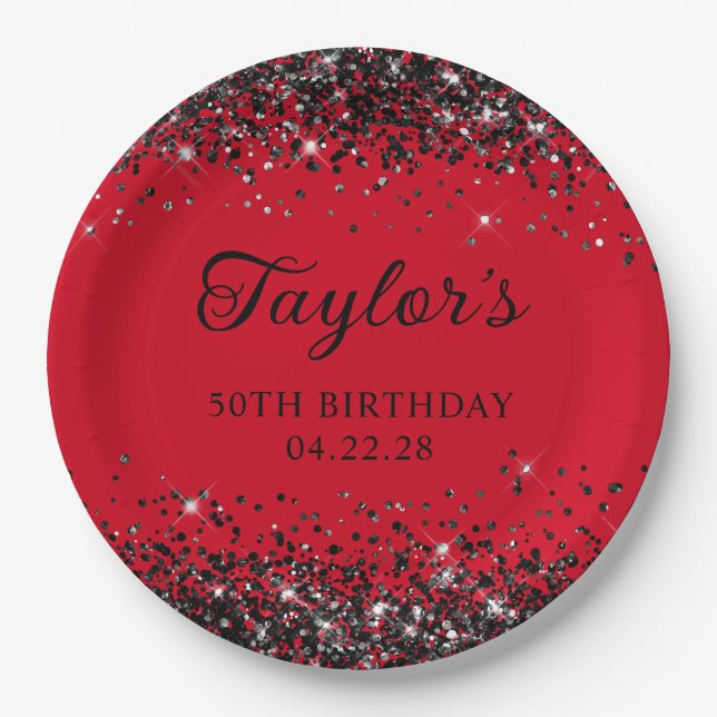 Red and Black Glitter 50th Birthday Paper Plate (Front)