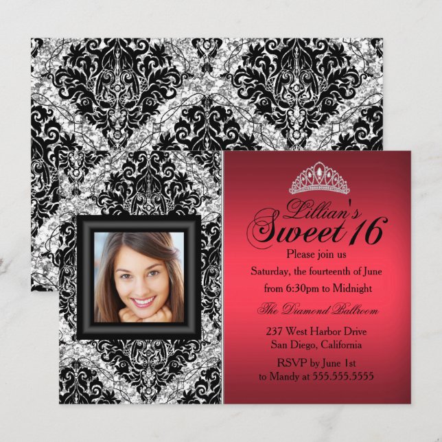 Red and Black Glitter Damask Photo Sweet 16 Invitation (Front/Back)