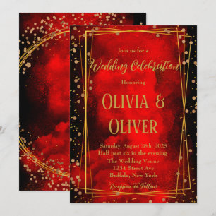 Red and Black Gold Geometric Glitter Wedding Invi Invitation
