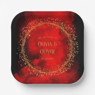 Red and Black Gold Geometric Glitter Wedding Paper Plate