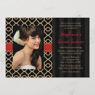 Red and Black Gold Moroccan Sweet Sixteen Photo Invitation