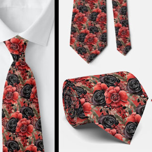 Red and Black Goth Watercolor Floral Neck Tie