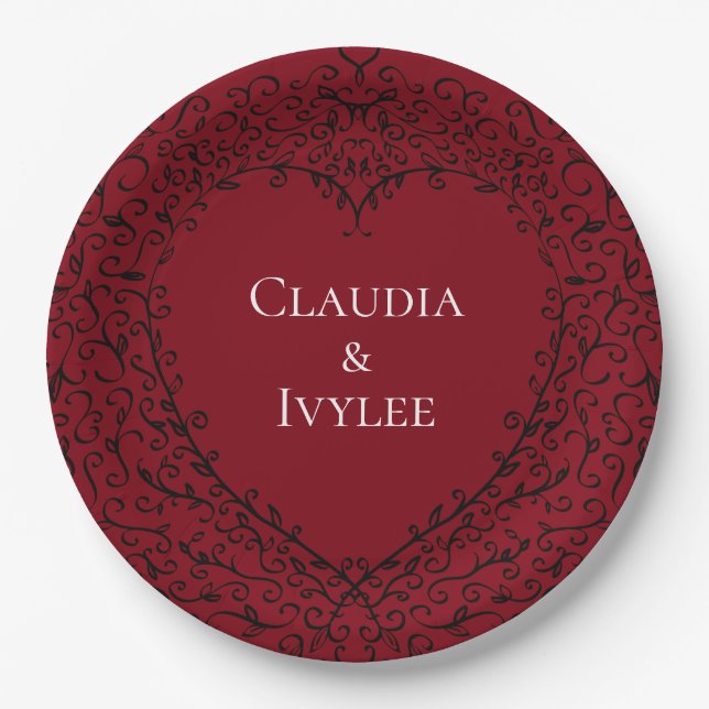 Red and Black Gothic Heart Elegant Wedding Paper Plate (Front)