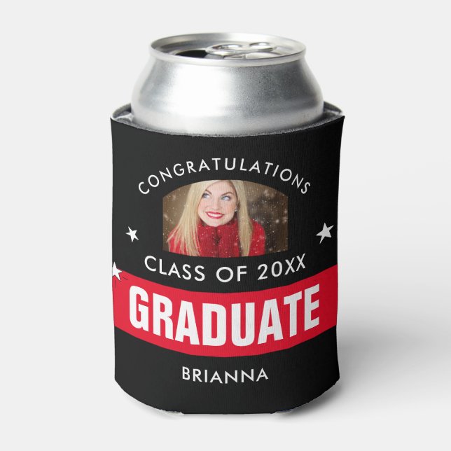 Red and Black Graduation Personalised Photo Can Cooler (Can Front)