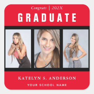 Red and Black Graduation Photo Collage Custom Square Sticker