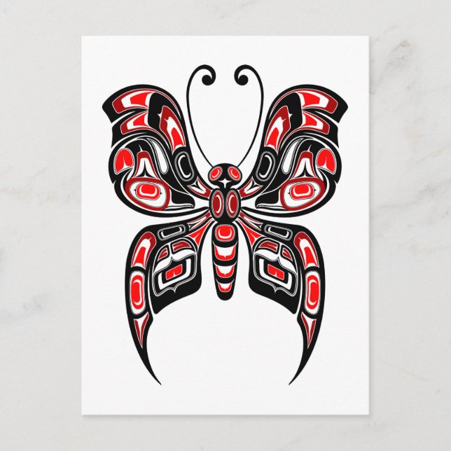 Red and Black Haida Spirit Butterfly on White Postcard (Front)