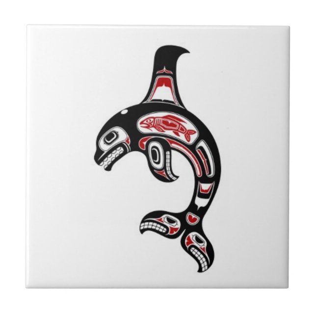 Red and Black Haida Spirit Killer Whale Tile (Front)