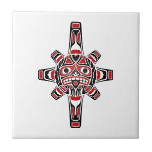 Red and Black Haida Sun Mask on White Tile