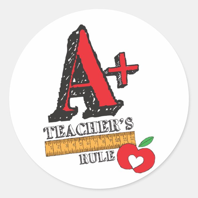 Red and Black Hand Drawn A Plus Teachers Rule Classic Round Sticker (Front)