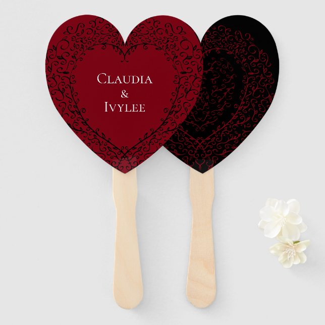 Red and Black Heart Gothic Wedding Fans (Front and Back)