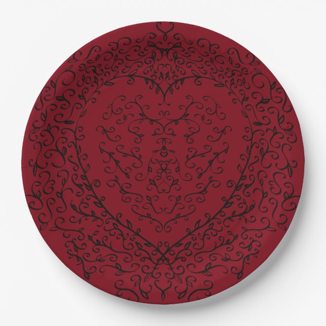 Red and Black Heart Gothic Wedding Paper Plates (Front)