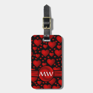 Red and black heart monogram pattern luggage tag
