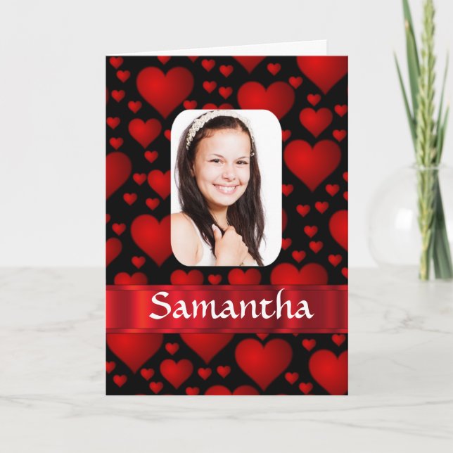Red and black heart personalised photo card (Front)