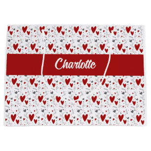 Red and Black Hearts Custom Monogram Name Large Gift Bag
