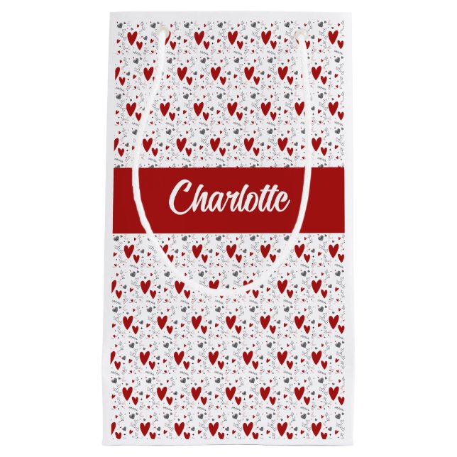 Red and Black Hearts Custom Monogram Name Small Gift Bag (Front)