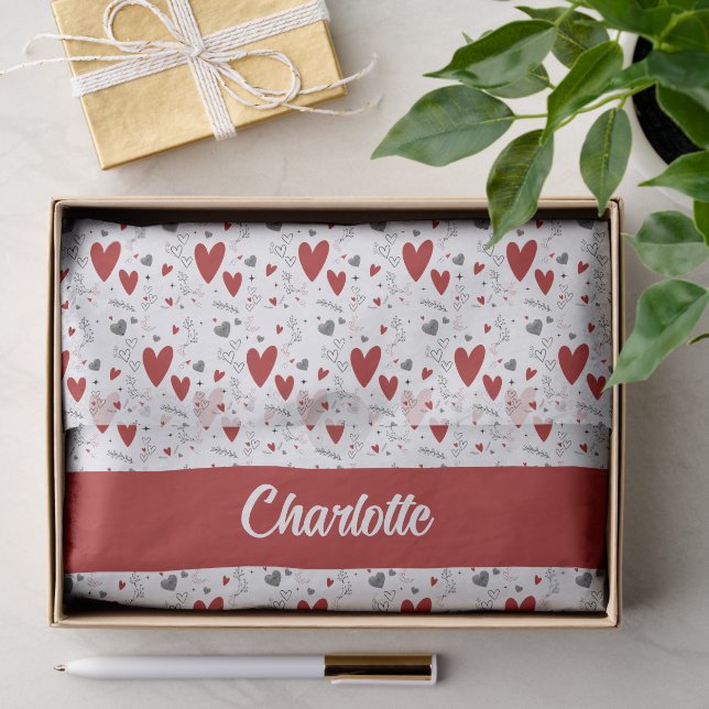 Red and Black Hearts Custom Monogram Name Tissue Paper (Gift)
