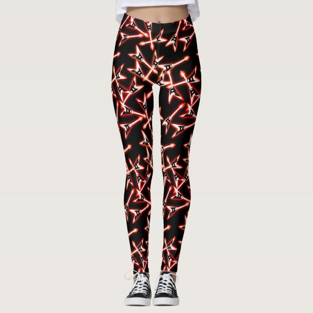 Red and Black Heavy Metal Electric Guitar Pattern Leggings (Front)