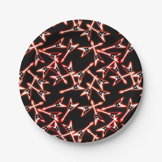 Red and Black Heavy Metal Electric Guitar Pattern Paper Plate (Front)