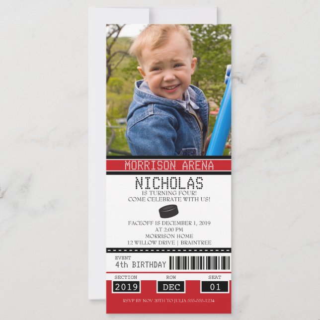 Red and Black Hockey Ticket Birthday Invitation (Front)