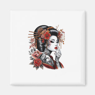 Red and Black Japanese Geisha Tattoo – Elegant Tra Magnet