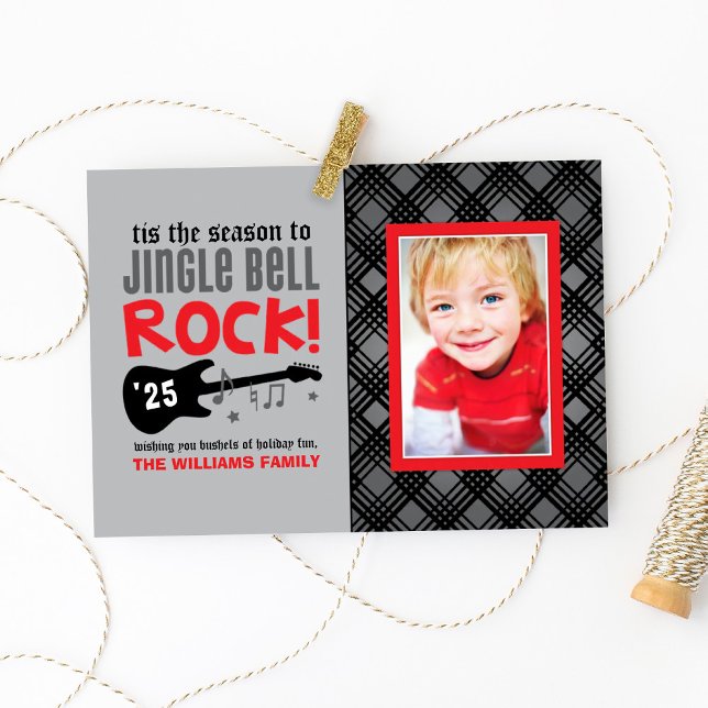 Red and Black Jingle Bell Rock Guitar Music Photo Holiday Card (Creator Uploaded)