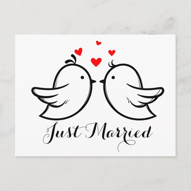 Red And Black Just Married Lovebirds Wedding Party Invitation Postcard (Front)