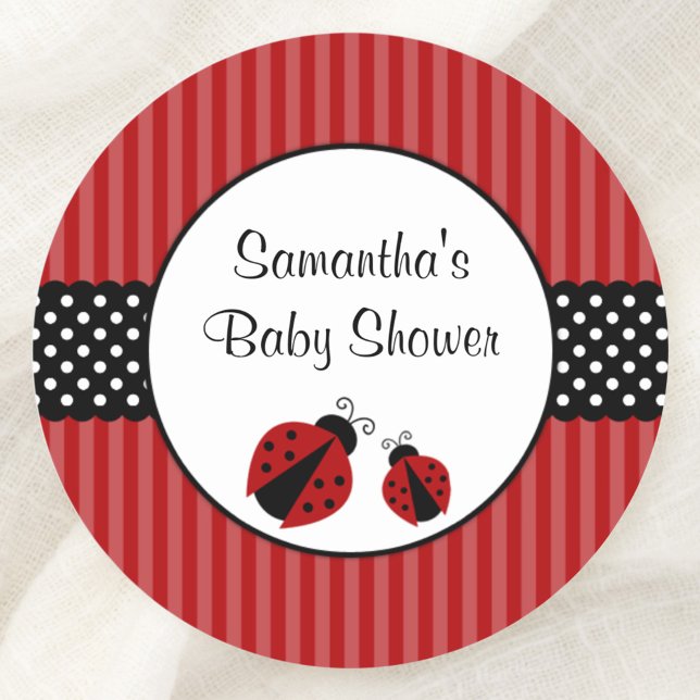 Red and Black Ladybug Striped Dots Baby Shower Classic Round Sticker (Creator Uploaded)