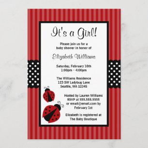 Red and Black Ladybug Striped Dots Baby Shower Invitation