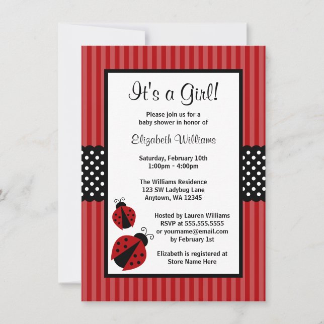 Red and Black Ladybug Striped Dots Baby Shower Invitation (Front)