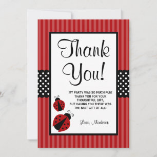 Red and Black Ladybug Striped Dots Birthday Thank You Card