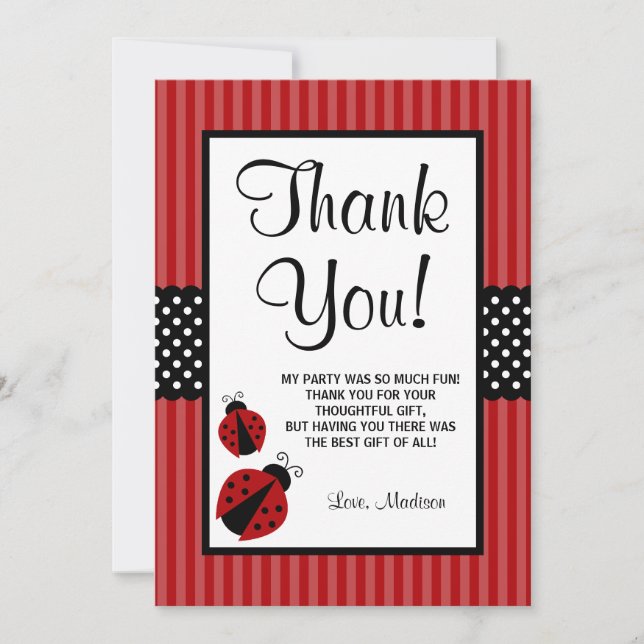 Red and Black Ladybug Striped Dots Birthday Thank You Card (Front)