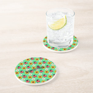 Red And Black Ladybug With Flowers Coaster