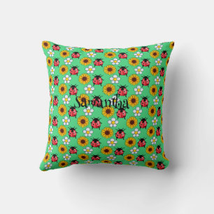 Red And Black Ladybug With Flowers  Cushion