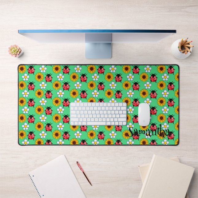 Red And Black Ladybug With Flowers  Desk Mat (Office 1)