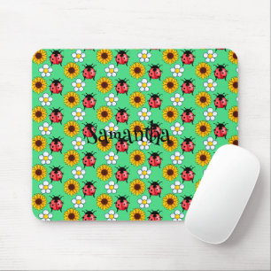 Red And Black Ladybug With Flowers Mouse Mat