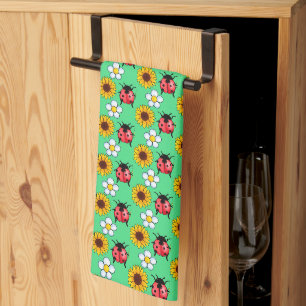 Red And Black Ladybug With Flowers Tea Towel