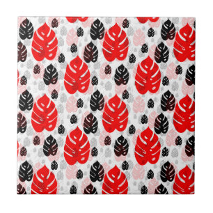 Red and Black Leaf Abstract Shapes Tile