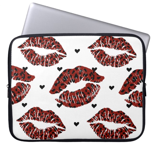 RED AND BLACK LEOPARD PATTERNED LUSH LIPS LAPTOP SLEEVE (Front)
