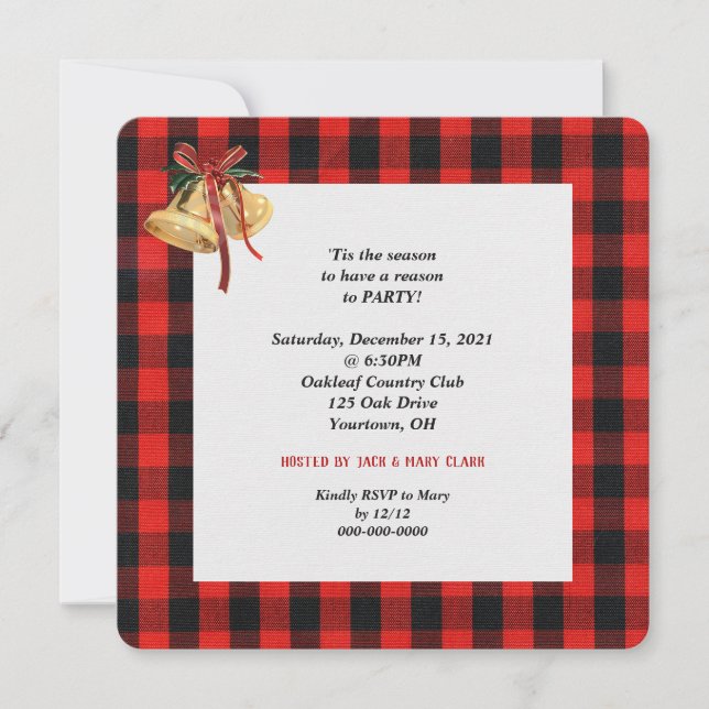 red and black lumberjack plaid with bells party invitation (Front)