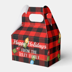 red and black lumberjack plaid with light string favour box