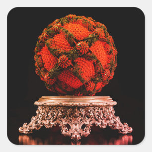 Red And Black Mandelbrot Sphere On Silver Pedestal Square Sticker