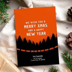 Red and black Merry Xmas with retro pine trees Card