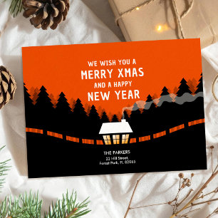 Red and black Merry Xmas with retro pine trees Card