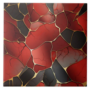 Red and Black Mosaic with Fine Gold Lines Tile