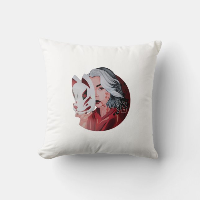 Red and Black Mujina Illustration Throw Pillow (Front)