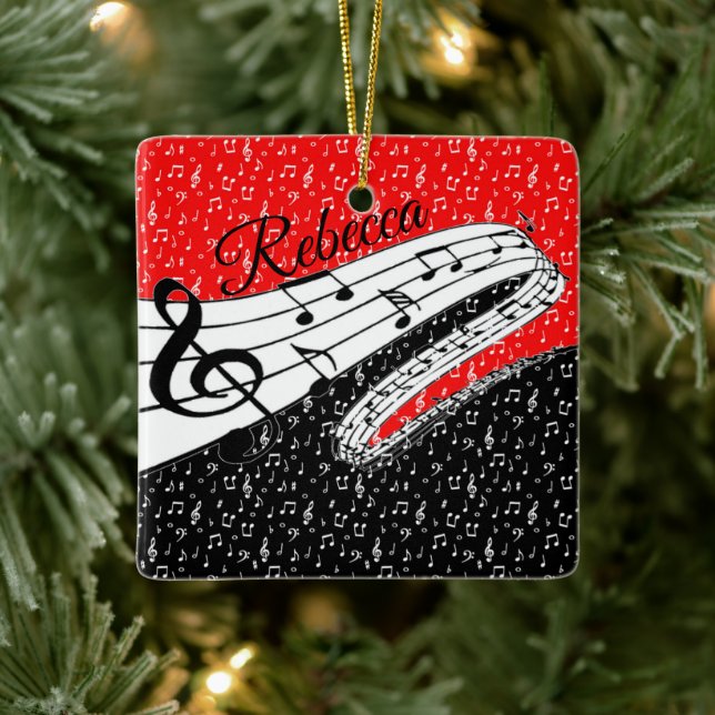 Red and black music theme personalised ceramic ornament (Tree)