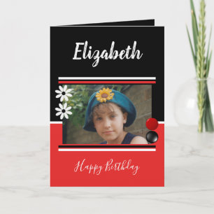 Red and black name and photo Happy Birthday Card